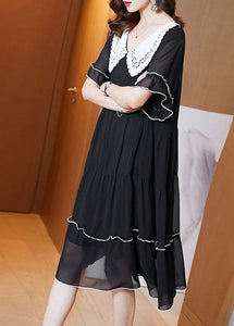 Stylish Black Peter Pan Collar Patchwork Wrinkled Chiffon Dress Summer