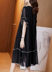 Stylish Black Peter Pan Collar Patchwork Wrinkled Chiffon Dress Summer