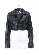 Load image into Gallery viewer, Stylish Black Peter Pan Collar Pockets Faux Leather Short Coat Fall