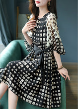 Load image into Gallery viewer, Stylish Black Print Tie Waist Silk Vacation Long Dresses Lantern Sleeve