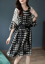 Load image into Gallery viewer, Stylish Black Print Tie Waist Silk Vacation Long Dresses Lantern Sleeve