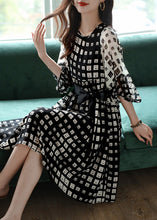 Load image into Gallery viewer, Stylish Black Print Tie Waist Silk Vacation Long Dresses Lantern Sleeve