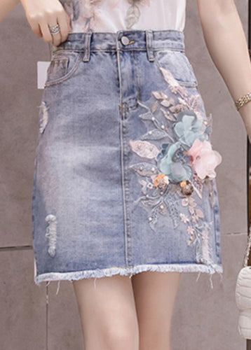 Stylish Blue Floral Patchwork High Waist Nail Bead Denim Skirt