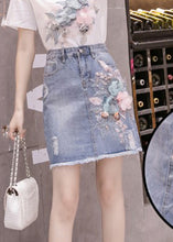 Load image into Gallery viewer, Stylish Blue Floral Patchwork High Waist Nail Bead Denim Skirt