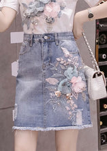 Load image into Gallery viewer, Stylish Blue Floral Patchwork High Waist Nail Bead Denim Skirt