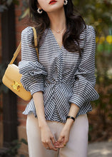 Load image into Gallery viewer, Stylish Blue Plaid V Neck Wrinkled Patchwork Chiffon Tops Long Sleeve