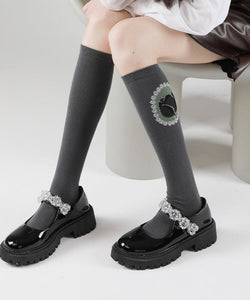 Stylish Bow Floral Jacquard Over The Calf Socks