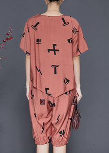 Stylish Brick Red Asymmetrical Print Linen Two Pieces Set Summer