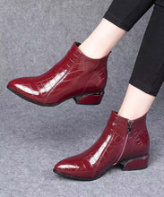 Load image into Gallery viewer, Stylish Chunky Boots Red Faux Leather Pointed Toe Zippered