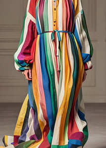 Stylish Colorblock U Neck Patchwork Cotton Dresses Lantern Sleeve