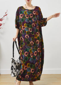 Stylish Dull Purple Oversized Sunflower Print Cotton Robe Dresses Summer