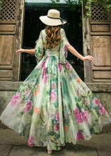 Load image into Gallery viewer, Stylish Green Floral V Neck Chiffon Beach Long Dresses Flared Sleeve