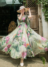 Load image into Gallery viewer, Stylish Green Floral V Neck Chiffon Beach Long Dresses Flared Sleeve