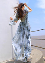 Load image into Gallery viewer, Stylish Green Floral V Neck Chiffon Beach Long Dresses Flared Sleeve