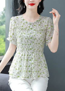 Stylish Green O-Neck Ruffled Print Chiffon Shirts Summer