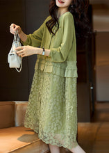 Load image into Gallery viewer, Stylish Green Ruffled Button Lace Patchwork Dresses Long Sleeve