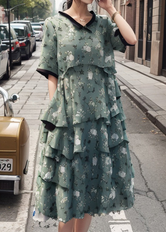 Stylish Green V Neck Layered Ruffled Print Silk Dress Summer