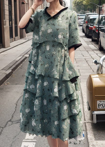 Stylish Green V Neck Layered Ruffled Print Silk Dress Summer