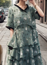 Load image into Gallery viewer, Stylish Green V Neck Layered Ruffled Print Silk Dress Summer