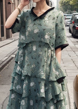 Load image into Gallery viewer, Stylish Green V Neck Layered Ruffled Print Silk Dress Summer