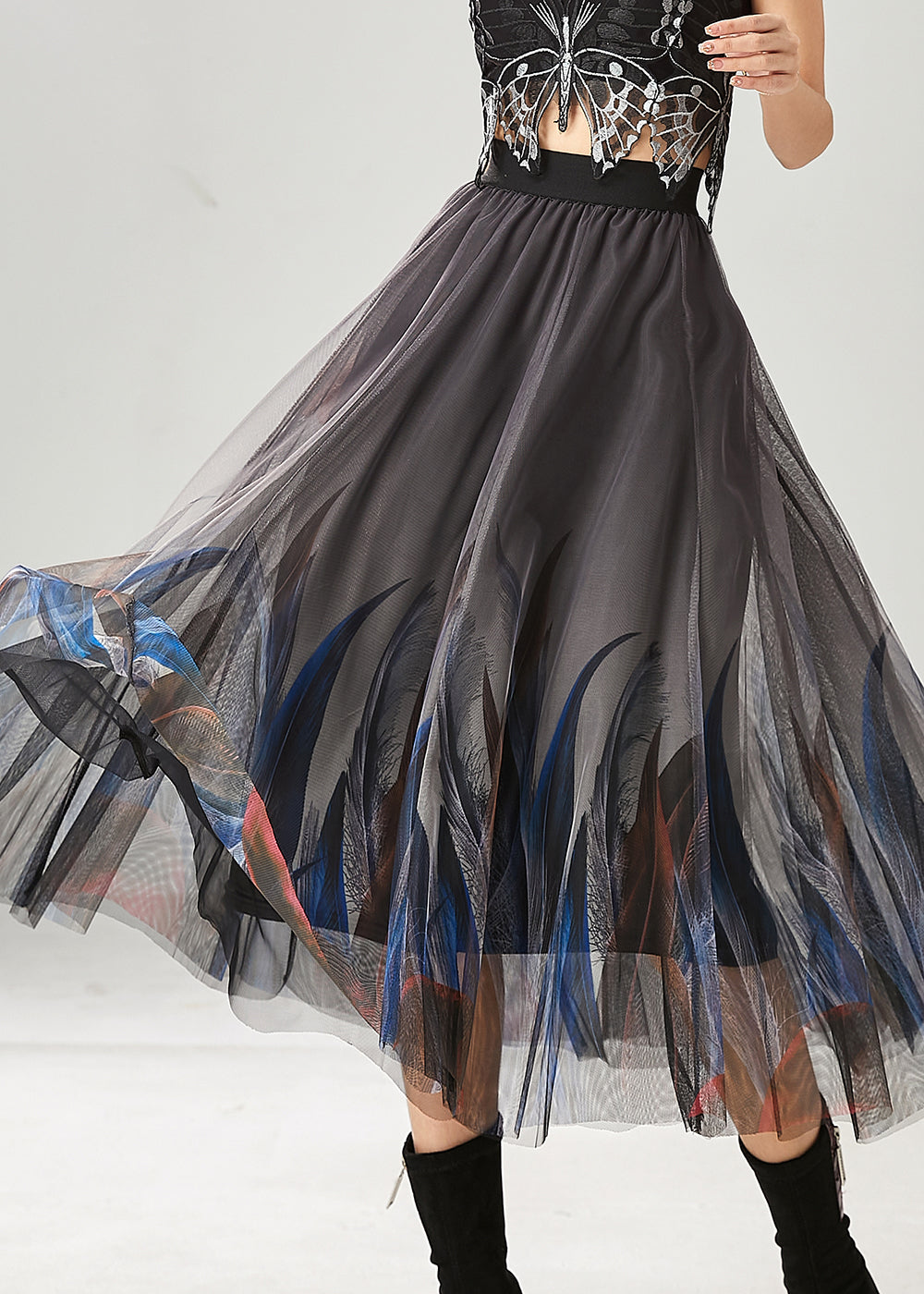 Stylish Grey Feather Print Tulle Skirts Summer