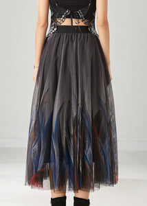 Stylish Grey Feather Print Tulle Skirts Summer