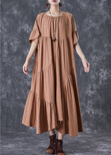 Load image into Gallery viewer, Stylish Khaki Asymmetrical Wrinkled Cotton Party Dress Flare Sleeve