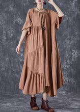 Load image into Gallery viewer, Stylish Khaki Asymmetrical Wrinkled Cotton Party Dress Flare Sleeve