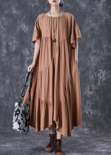 Load image into Gallery viewer, Stylish Khaki Asymmetrical Wrinkled Cotton Party Dress Flare Sleeve