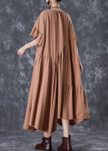 Load image into Gallery viewer, Stylish Khaki Asymmetrical Wrinkled Cotton Party Dress Flare Sleeve