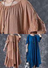 Load image into Gallery viewer, Stylish Khaki Asymmetrical Wrinkled Cotton Party Dress Flare Sleeve