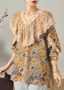 Stylish Khaki V Neck Print Chiffon Shirt Top Spring