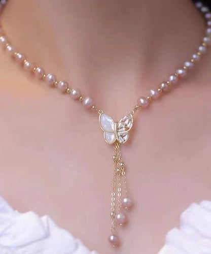 Stylish Light Purple Sterling Silver Alloy Zircon Butterfly Pearl Tassel Pendant Necklace