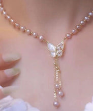 Load image into Gallery viewer, Stylish Light Purple Sterling Silver Alloy Zircon Butterfly Pearl Tassel Pendant Necklace