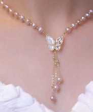 Load image into Gallery viewer, Stylish Light Purple Sterling Silver Alloy Zircon Butterfly Pearl Tassel Pendant Necklace