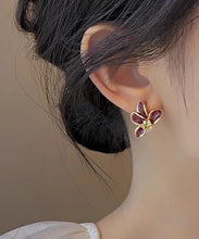 Load image into Gallery viewer, Stylish Mulberry Sterling Silver Overgild Asymmetrical Zircon Floral Stud Earrings