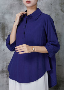 Stylish Navy Peter Pan Collar Oversized Linen Tops Summer