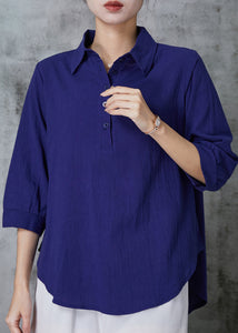 Stylish Navy Peter Pan Collar Oversized Linen Tops Summer