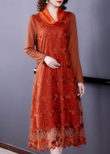 Load image into Gallery viewer, Stylish Orange Embroidered Floral Tulle Long Dress Long Sleeve