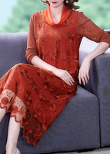 Load image into Gallery viewer, Stylish Orange Embroidered Floral Tulle Long Dress Long Sleeve