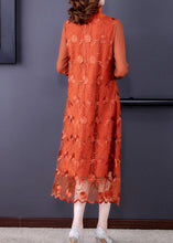 Load image into Gallery viewer, Stylish Orange Embroidered Floral Tulle Long Dress Long Sleeve