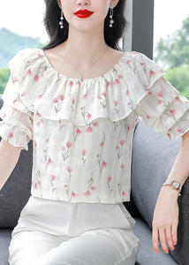 Stylish Pink Ruffled Print Chiffon Blouses Summer