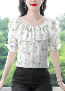 Stylish Pink Ruffled Print Chiffon Blouses Summer