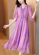 Load image into Gallery viewer, Stylish Purple V Neck Striped Wrinkled Silk Long Dresses Summer