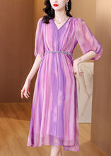 Load image into Gallery viewer, Stylish Purple V Neck Striped Wrinkled Silk Long Dresses Summer