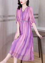 Load image into Gallery viewer, Stylish Purple V Neck Striped Wrinkled Silk Long Dresses Summer