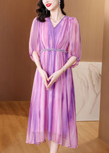 Load image into Gallery viewer, Stylish Purple V Neck Striped Wrinkled Silk Long Dresses Summer