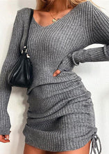 Load image into Gallery viewer, Stylish Slim Fit Grey V Neck Cinched Knit Dress Fall