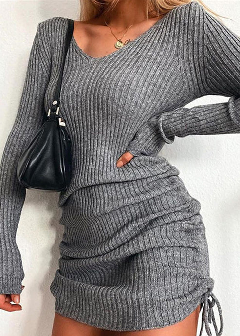 Stylish Slim Fit Grey V Neck Cinched Knit Dress Fall