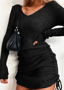 Stylish Slim Fit Grey V Neck Cinched Knit Dress Fall